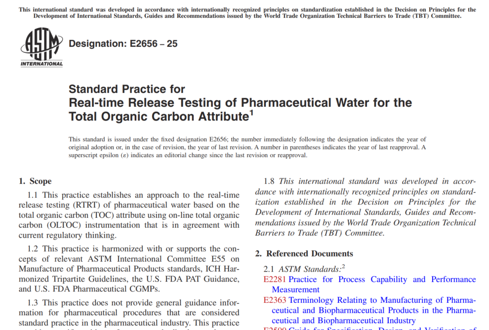 图片[1]-ASTM E2656-25 标准实践——制药用水中总有机碳（TOC）属性的实时释放测试指南（Standard Practice for Real-time Release Testing of Pharmaceutical Water for the Total Organic Carbon Attribute）-附下载地址-药研库