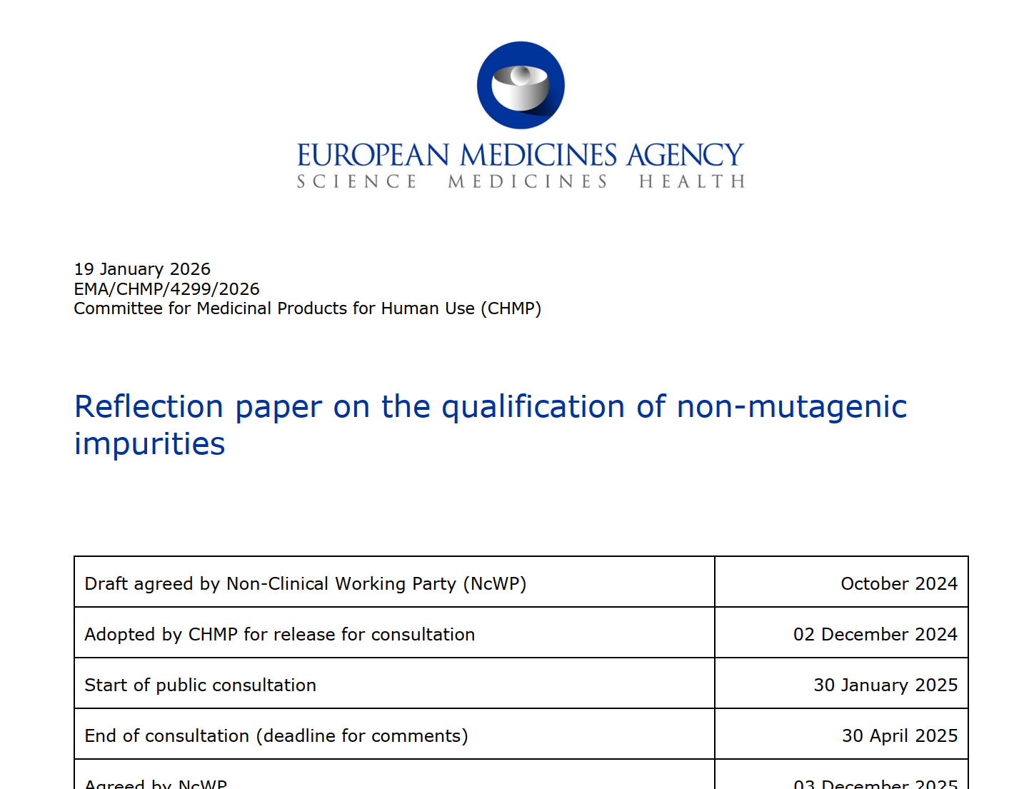 资源分享-EMA-Reflection Paper on the qualification of non-mutagenic impurities非致突变性杂质界定指南202601-药研库